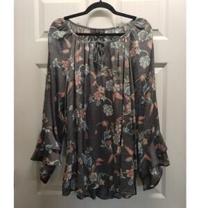 Fred David Size 2X Gray Floral Long Layered Sleeve Tie Neck Romantic Boho Top